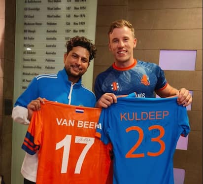 Kuldeep Yadav and Netherlands Star Logan van Beek Exchange Jerseys (See Pics)
